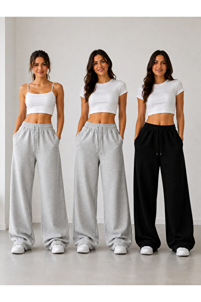 CAONNES 3-Piece Women's Seasonal Sweatpants (2 Pieces Grey-Black) Basic Overs...