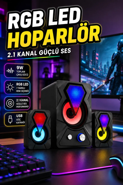 canrodi 2.1 Kanal RGB LED Bilgisayar Hoparlörü – 9W Subwoofer ve 2 Uydu Hoparlör