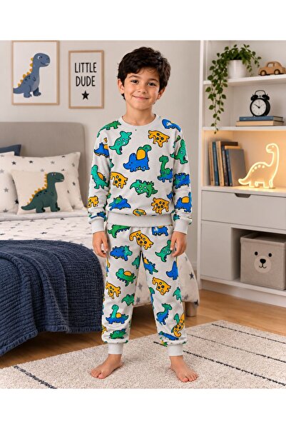 paytak kids Erkek Çocuk Sevimli Dinazor Desenli Bej Mevsimlik Uzun Kollu Pija...