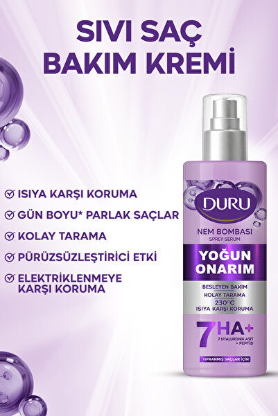 Duru Nem Bombası 7’li Hyaluronik Asit Yoğun Onarıcı Saç Bakım Seti (Şampuan,Krem,Maske,Sprey Krem)