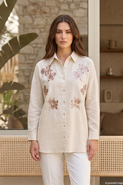 Lale Butik Front Embroidered Sequin Detailed Shirt 17033 Bej01