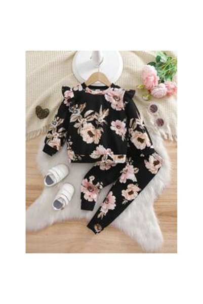 OEM Set de bluză cu mânecă lungă, volane și imprimeu floral și pantaloni cu t...
