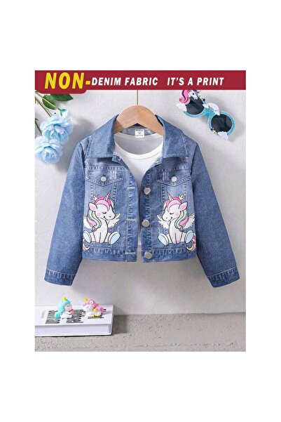 OEM Jachetă scurtă cu imprimeu denim artificial, cu unicorn drăguț, pentru fe...