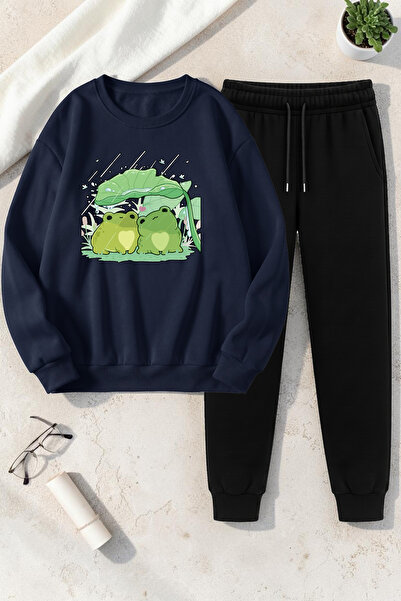 uyguntarz Unisex Cute Frogs Design Printed Crew Neck Sweatshirt - 2-Piece Tra...