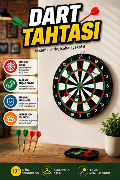canrodi 17 Inch Wooden Dart Board – Includes 4 Metal Tip Darts, Dart Arrow, a...