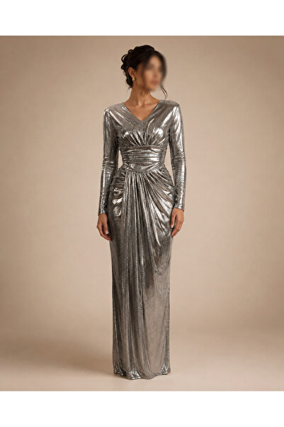 Roz Metallic Gunmetal Evening Gown with Draped Silhouette and Defined Waist