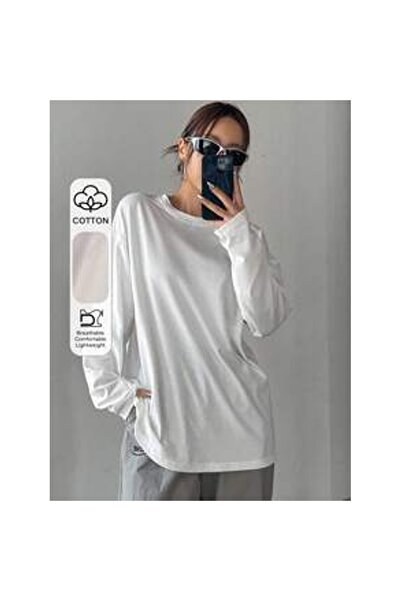 OEM Tricou lung pentru femei, culoare solidă, croială lejeră, mânecă lungă, g...