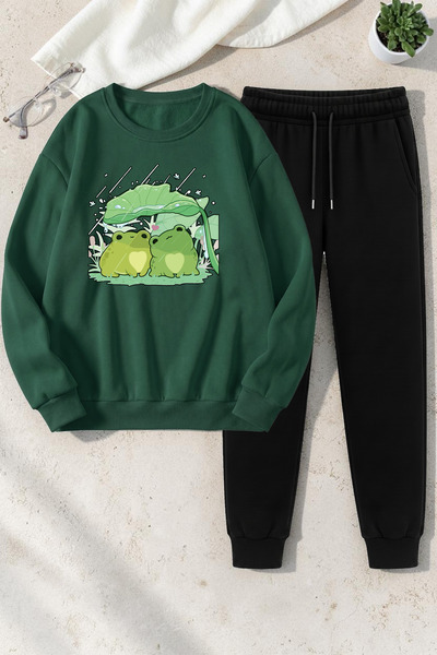 uyguntarz Unisex Cute Frogs Design Printed Crew Neck Sweatshirt - 2-Piece Tra...