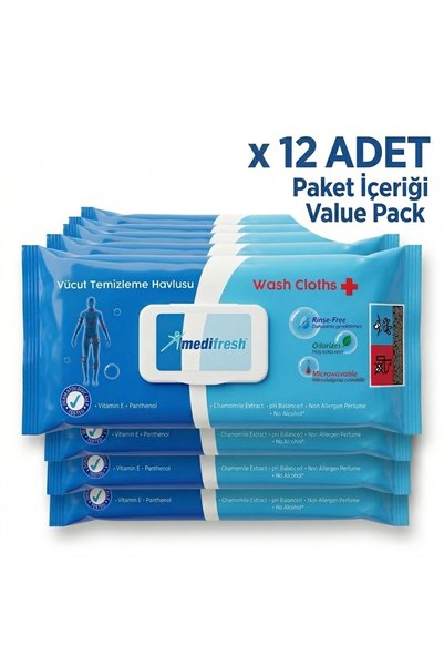 Medifresh Vücut Temizleme Havlusu 50 li X 12 - Mikrodalgada Isıtılabilir, Durulama Gerektirmeyen Islak Temizlik Havlusu