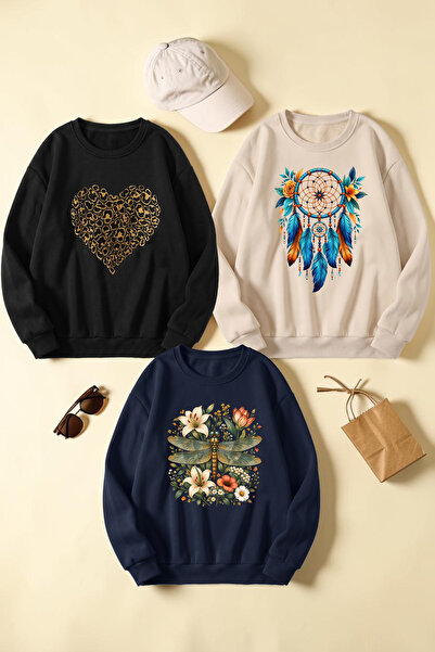 uyguntarz Unisex Mixed Printed Crew Neck Sweatshirt Set – Pack of 3