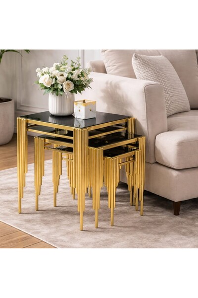 QUATTRO HOME Kare Sütun Zigon Sehpa - 3lü - İç İçe Geçebilen - Gold