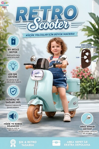 Brother Toys 6V Akülü Retro Scooter Çocuk Motoru Motorsiklet Ebeveyn Kumandal...