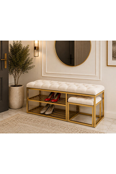 EVDERA MOBİLYA GOLD METAL BENCH AYAKKABILIK BANK, KAPI GİRİŞİ PUF AYAKKABILIK