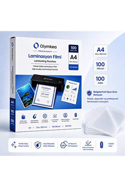 Olymkea A4 Laminasyon Filmi 100 Mikron – 100 Adet | 216 × 303 mm