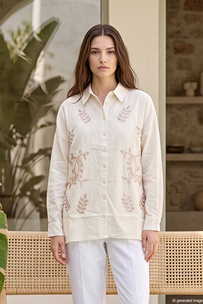 Lale Butik Embroidery and Bead Detailed Cotton Shirt 17116 Beige03