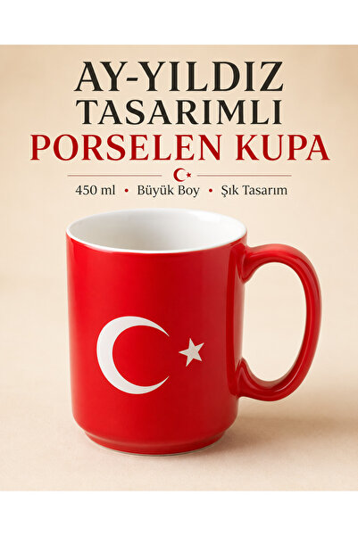 METTREND Ay Yıldız Türk Bayrağı Tasarımlı Porselen Kupa 450 ml Büyük Boy Deko...