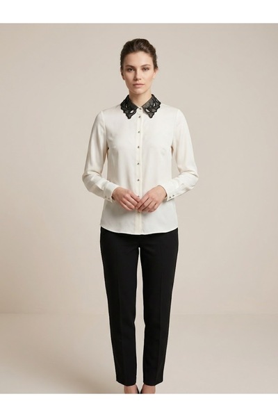 Ekol Lace and Bead Embroidered Collar Detailed Blouse 1023