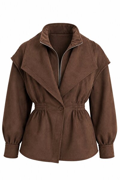 Laluvia Bitter Brown Suede Jacket with Elastic Waist - 5164