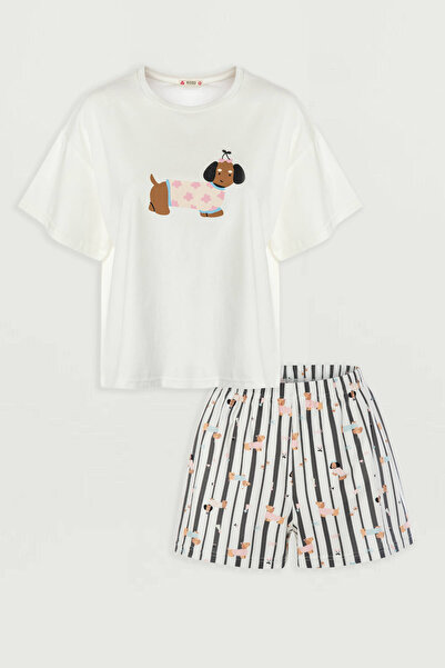 koza iç giyim Women's Cotton Short Sleeve Gingham Patterned Shorts Pajama Set
