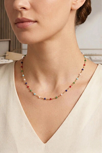 SEVGİLİ TAKI Women's Steel Necklace with Colorful Bead Detail |   Minimal Ele...