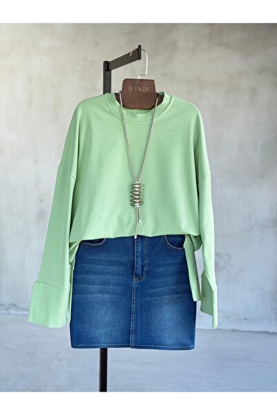 Basic Manşet Kollu Yırtmaç Detaylı Sweatshirt