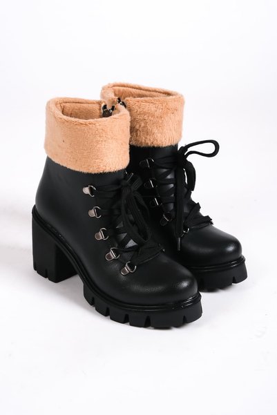 Zapatos Emma Lace-Up Zippered Orthopedic Sole Heeled Women's Boots with Fur Detail Cst - Black