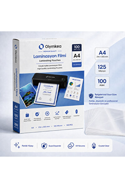 Olymkea A4 Laminasyon Filmi 125 Mikron – 100 Adet | 216 × 303 mm