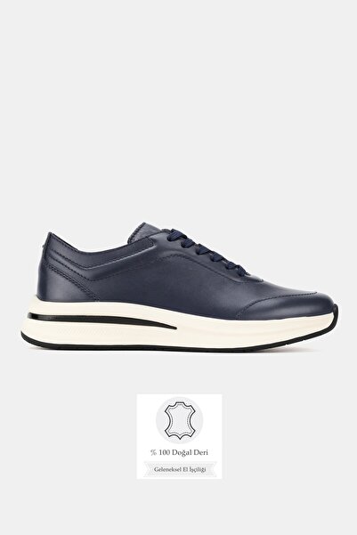 TUNAELLİ Men's Dark Blue Genuine Natural Leather Eva Sole Lace-Up Shoes