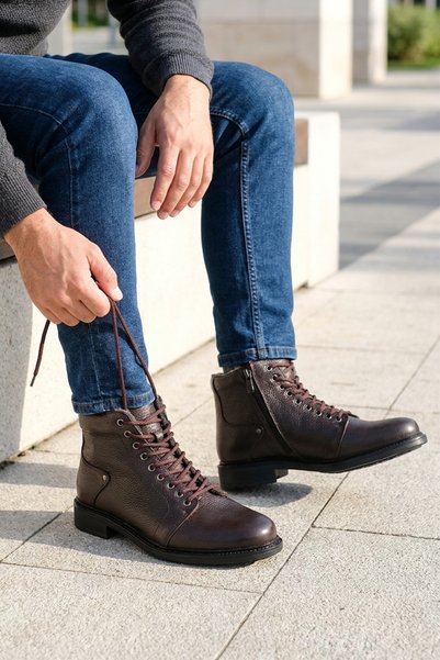 GRADA Brown Genuine Natural Leather Men's Boots with Lace-Up and Zipper Closure, Fur Plush Lining, Real Printed Leather Men's Winter Spring Boots