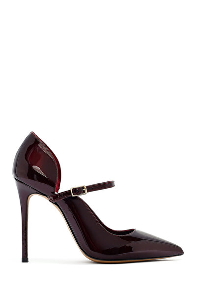 Derimod Women's Burgundy Buckle High Thin Heeled Patent Leather Shoes Af110007Dr