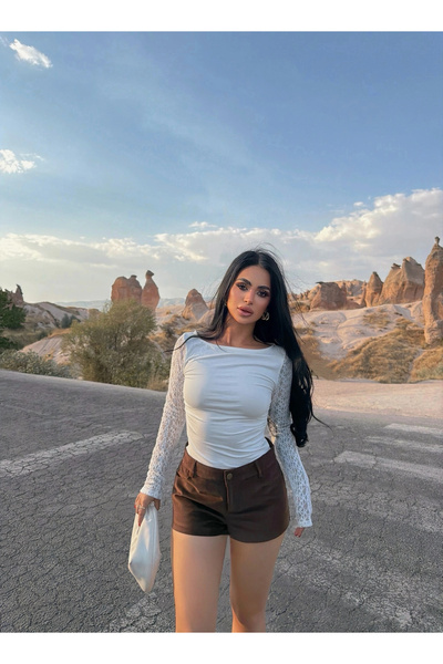 kırmızı butiks Λευκά μανίκια με δαντέλα Basic Crop