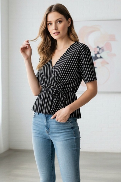 OEM Bluza eleganta de dama cu imprimeu cu dungi, decolteu petrecut in V si vo...