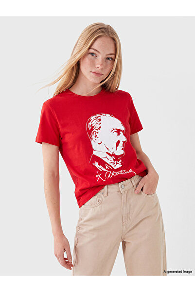 LC Waikiki Xside Red Ataturk Printed 100% Cotton Women's T-Shirt