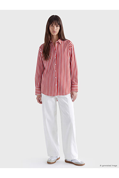 LC Waikiki Özmarka New Season Red Striped Oversize Poplin Women's Shirt