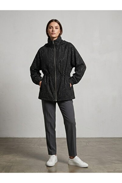 ON TRİKO Stone Printed Hooded Drawstring Waist Zippered Coat 10720