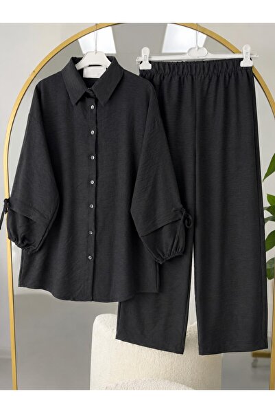 modasindoma Women's Buttoned Linen Two-Piece Suit Black
