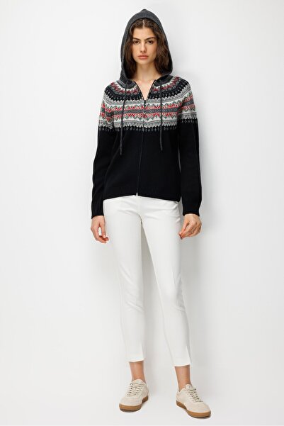 Desen Triko Women's Hooded Robe Jacquard Wool Cardigan Black