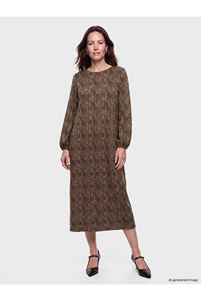 LC Waikiki Lcw Grace Brown Crew Neck Patterned A-Line Dress