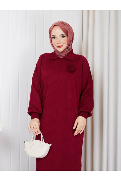 PAVENTİ Rose Embellished Knitwear Dress Burgundy