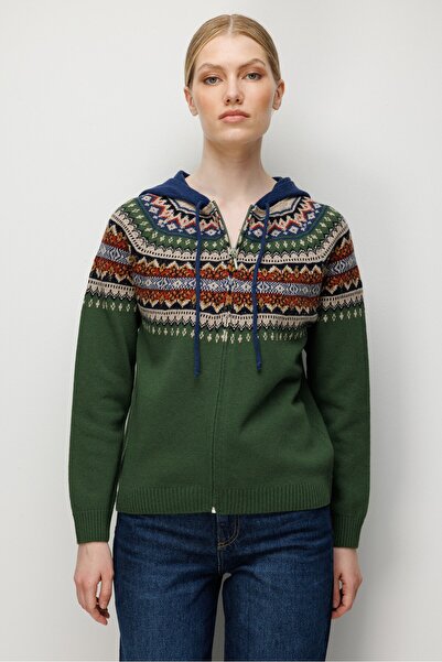 Desen Triko Women's Hooded Robe Jacquard Wool Cardigan K.Yosun