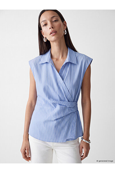 LC Waikiki Vizyon New Season Blue Shirt Collar Striped Double Breasted Cut Po...