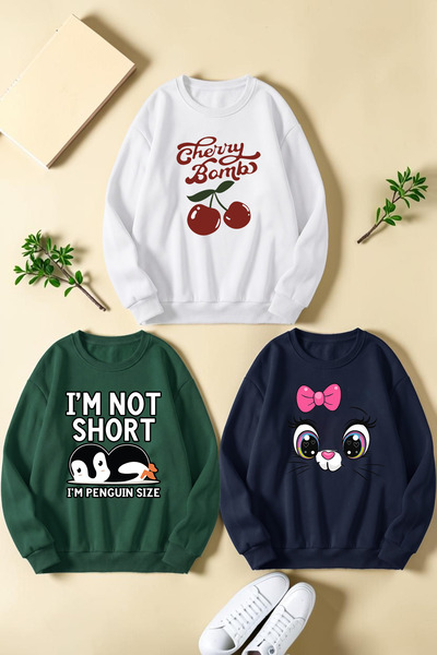 uyguntarz Unisex Mixed Printed Crew Neck Sweatshirt Set – Pack of 3