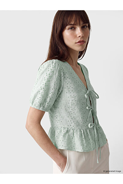 LC Waikiki Peak New Season Green Brode Tie-Up Peplum Blouse