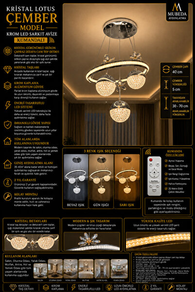 mubeda aydınlatma Kristal Lotus Çember Model Krom Led Sarkıt Avize - 4 Renk A...