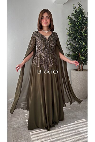 BRATO فستان سهرة زيتي طويل بتطريز فاخر