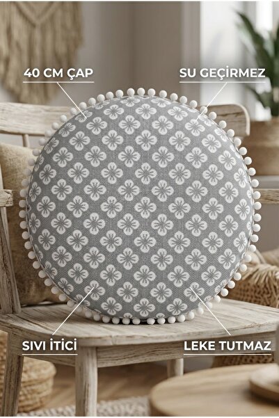 Rona Home Sandalye Minderi Yuvarlak Gri Çiçek Desenli Ponponlu Leke Tutmaz Ba...