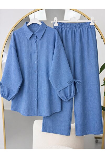 modasindoma Women's Buttoned Linen Two-Piece Suit Blue