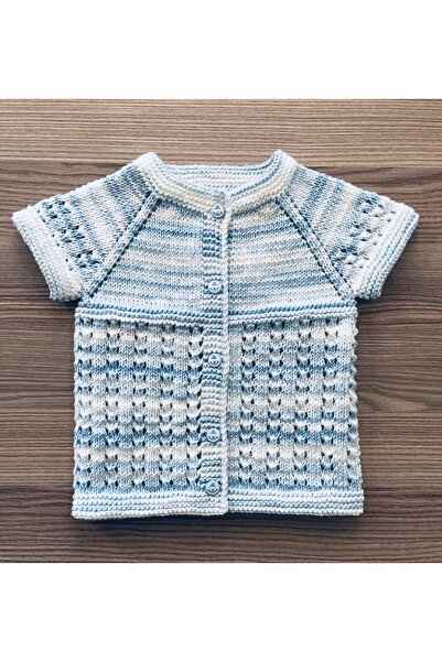 MOJOMIX Seamless Hand Knitted 0-6 Months White Blue Marbled Baby Boy Vest