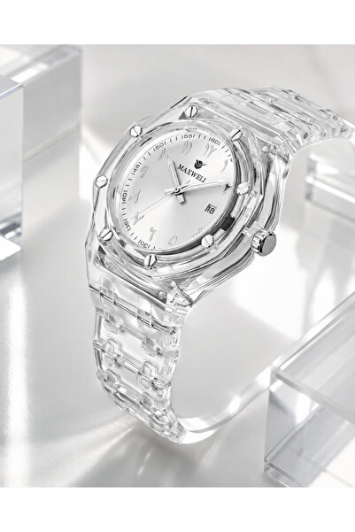 Maxwell ساعة شفافة بسوار شفاف ومينا فضية ونافذة تاريخ --MAXWELL Transparent W...