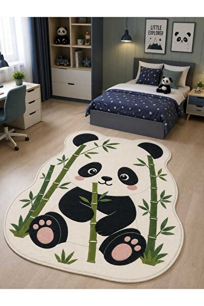 Bordo Halı Çocuk Odası Halısı Panda Desenli Dijital Baskılı Kaymaz Keçe Dot T...